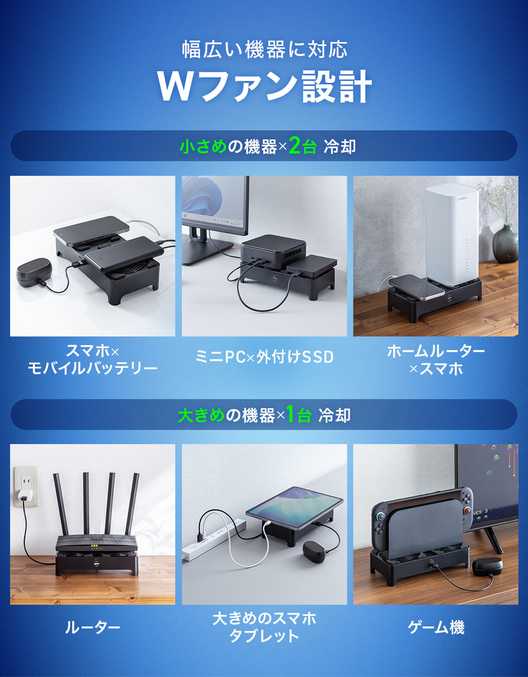 小さめの機器×2台の冷却や、大きめの機器×1台の冷却など幅広い機器に対応するWファン設計。