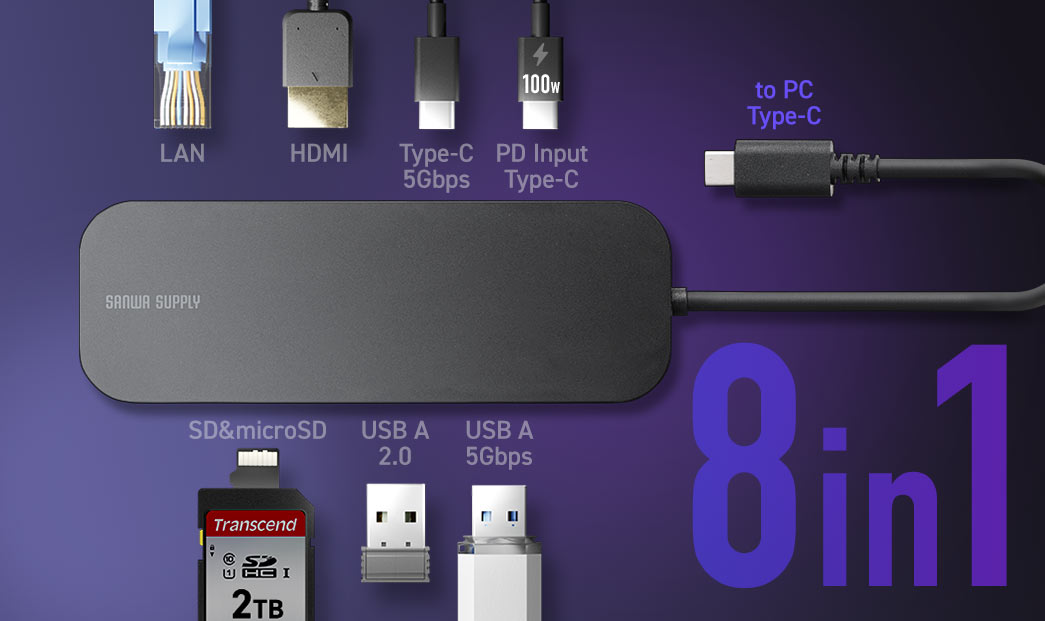 LANポート、HDMIポート、5Gbps対応のUSB Type-Cポート、PD入力対応のUSB Type-Cポート、SDカードスロット、microSDカードスロット、USB A 2.0ポート、5Gbps対応のUSB Aポートを備えた8ポート搭載モデルです。