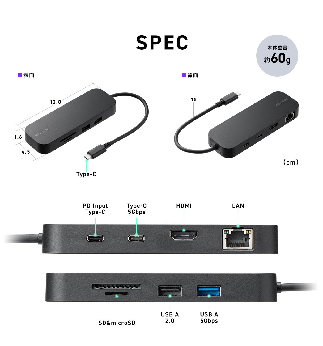 SPEC：本体サイズは幅4.5cm×厚さ1.6cm×奥行き12.8cmで重量は約60cmです。