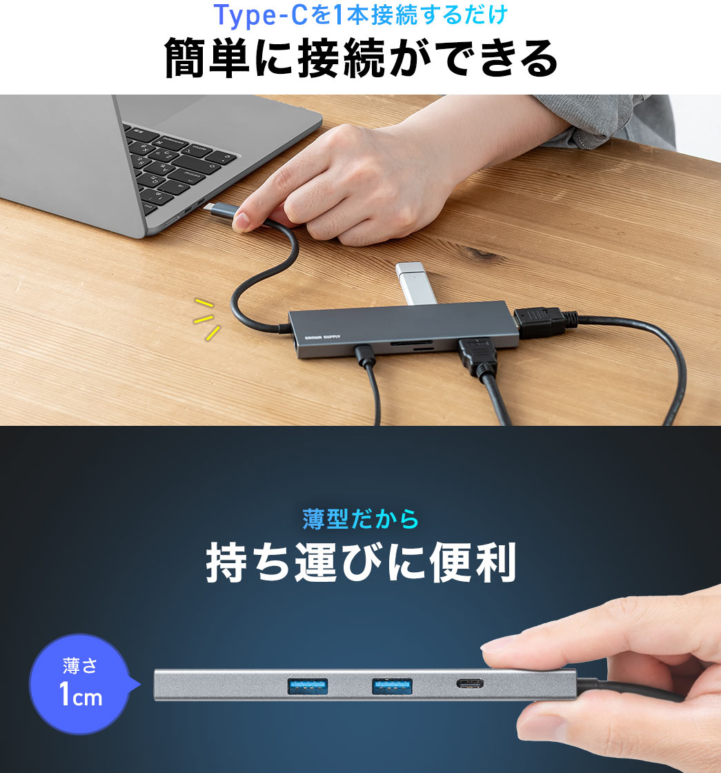 Type-Cを1本接続するだけで簡単に接続が可能で、薄型だから持ち運びに便利。