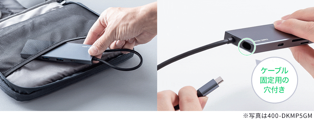 ケーブル固定用の穴付き