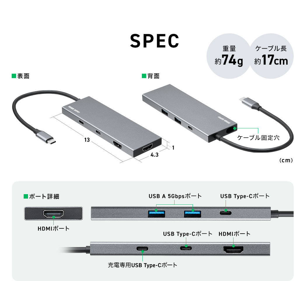 SPEC：本体サイズは幅13cm×奥行き4.3cm×高さ1cm、重量は約75gでケーブル長は約17cm。