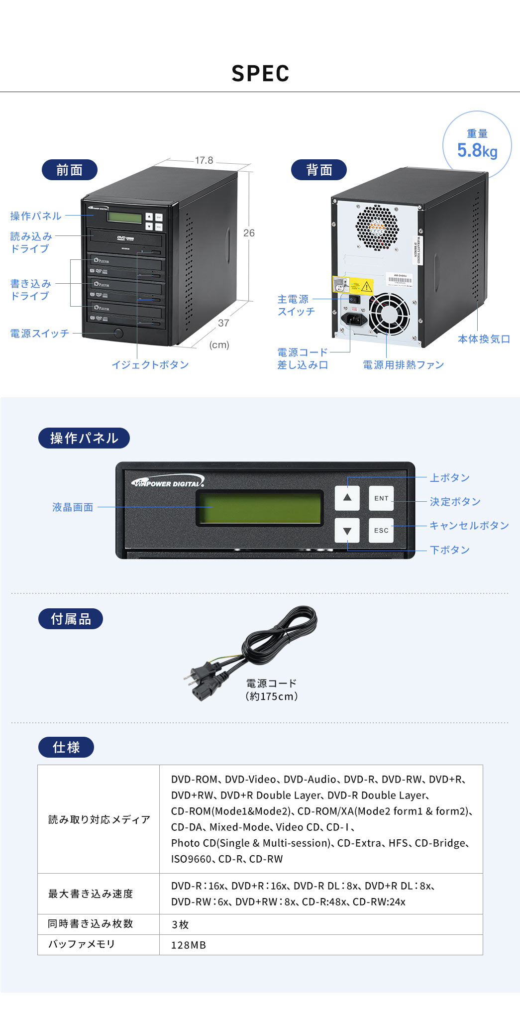 SPEC：本体サイズは幅17.8cm×奥行き37cm×高さ26cm、重量5.8kg。電源コード（約175cm）を付属しています。