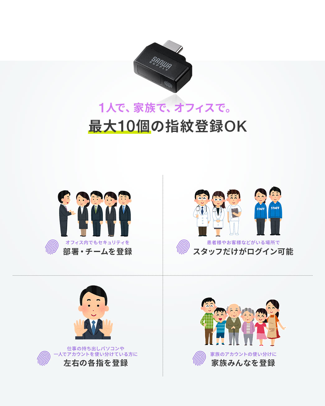 1人で、家族で、オフィスで。最大10個の指紋登録OK