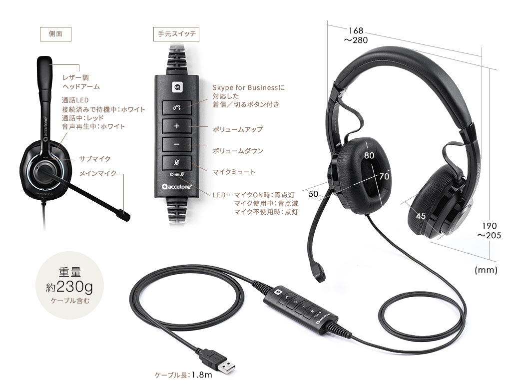 重量約230g（ケーブル含む）。