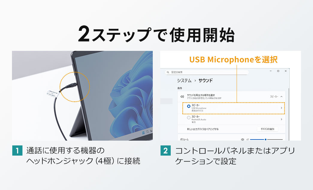 通話に使用する機器に接続してコントロールパネルまたはアプリケーションで設定する2ステップで使用開始。