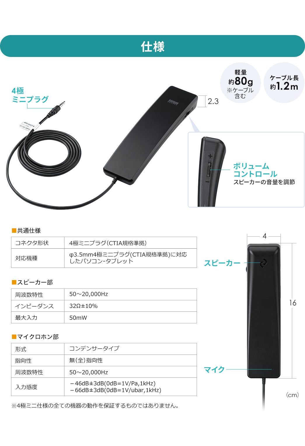 仕様：本体サイズは幅4cm×奥行き16cm×高さ2.3cm、重量約80g（ケーブル含む）、ケーブル長約1.2m。コネクタ形状は4極ミニプラグ（CTIA規格準拠）。