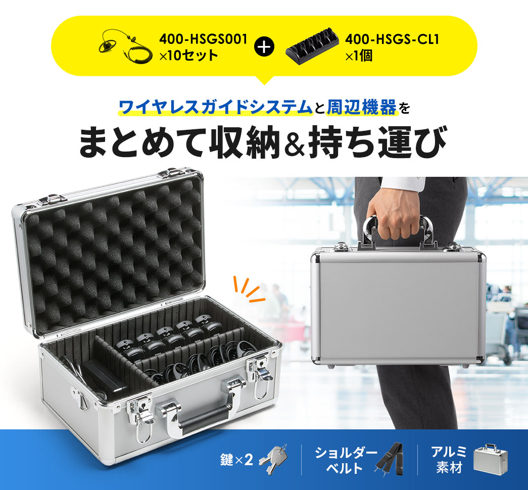 ワイヤレスガイドシステムと周辺機器をまとめて収納＆持ち運びできる収納ケース。アルミ素材を採用しショルダーベルトと鍵2個を付属しています。