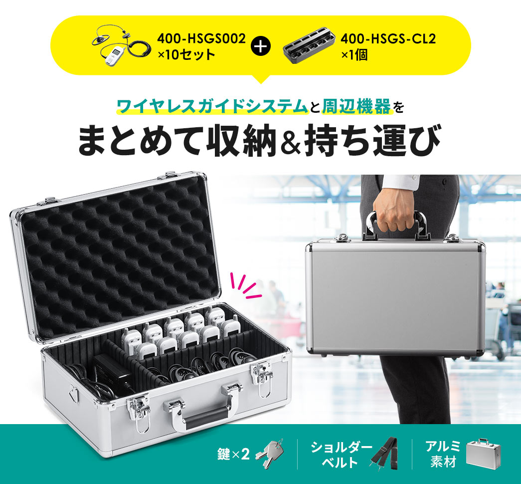 ワイヤレスガイドシステムと周辺機器をまとめて収納＆持ち運びできる収納ケース。アルミ素材を採用しショルダーベルトと鍵2個を付属しています。