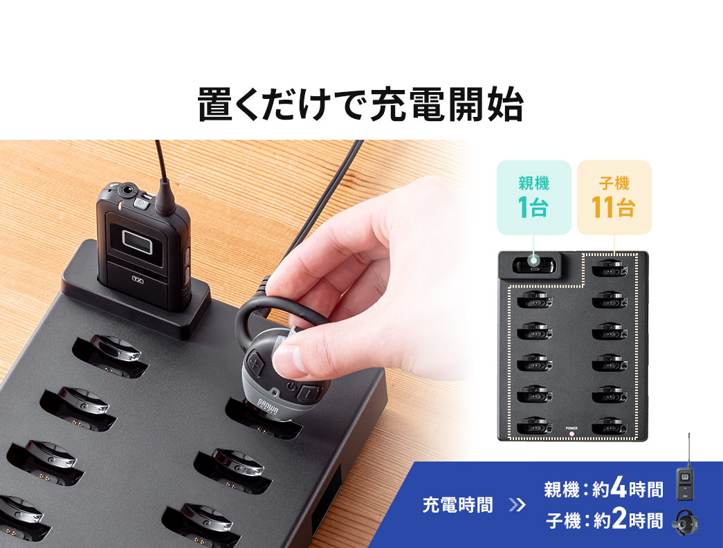 置くだけで充電開始。充電時間は親機約4時間、子機約2時間。