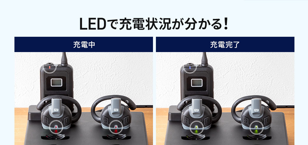 LEDは充電中は赤色、充電完了でみどり色に点灯するので充電状況がわかる！