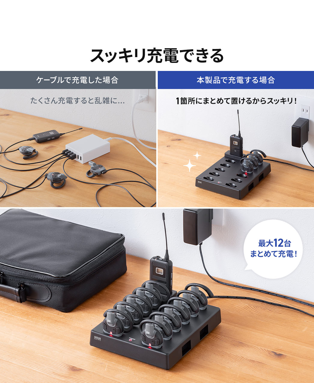 ケーブルで一度にたくさんの機器を充電すると乱雑になりがちですが本製品は1箇所にまとめて置けるからスッキリ！