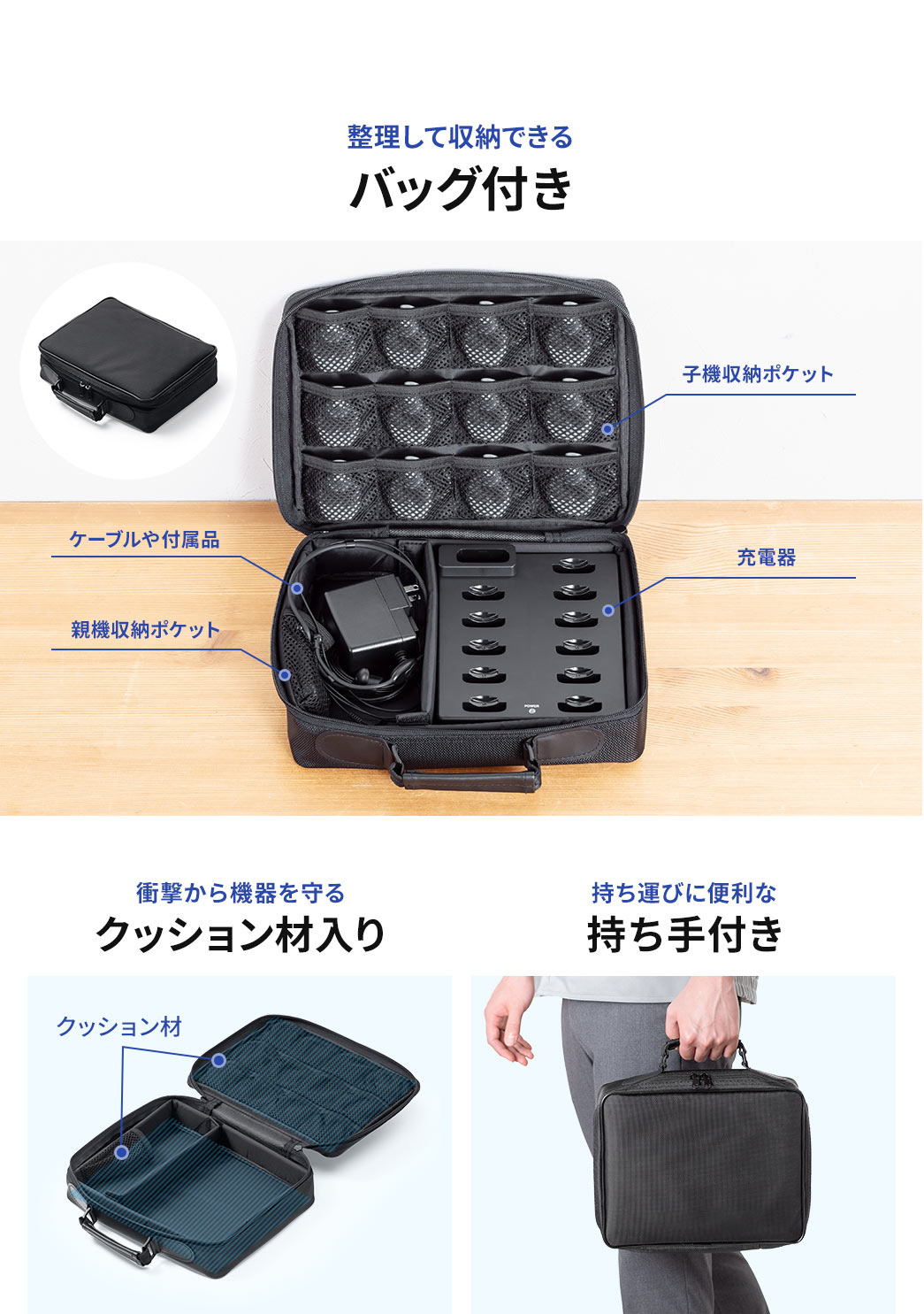 ポケットなどに整理して収納できるバッグ付き。衝撃から機器を守るクッション材入りで持ち手が付いているので持ち運びにも便利です。