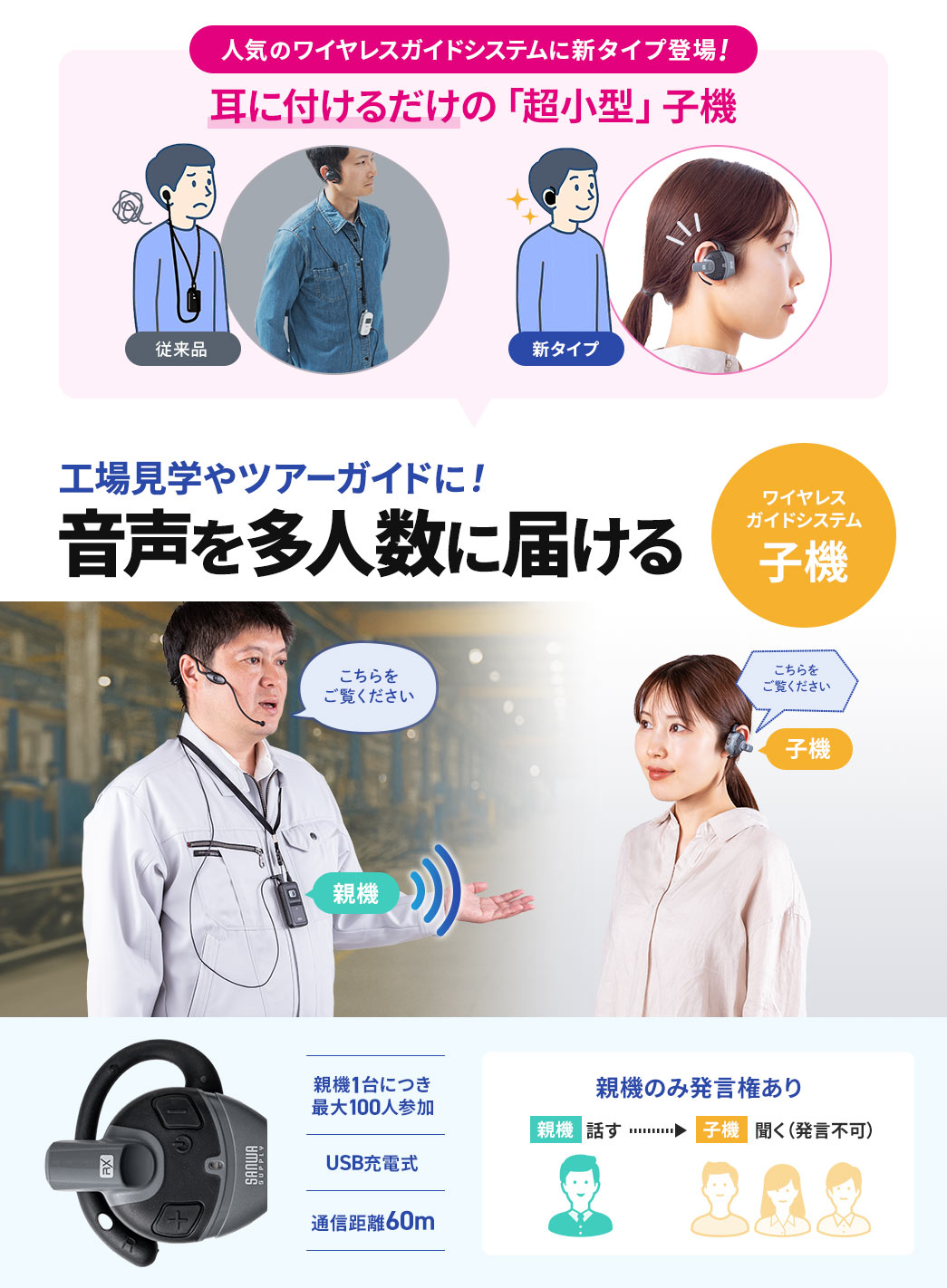 人気のワイヤレスガイドシステムに集音性がアップしたマイク付きタイプが新しく登場!工場見学やツアーガイドに適したワイヤレスガイドシステムの親機。子機は耳に装着するだけで、ケーブルレスで快適に使用可能。