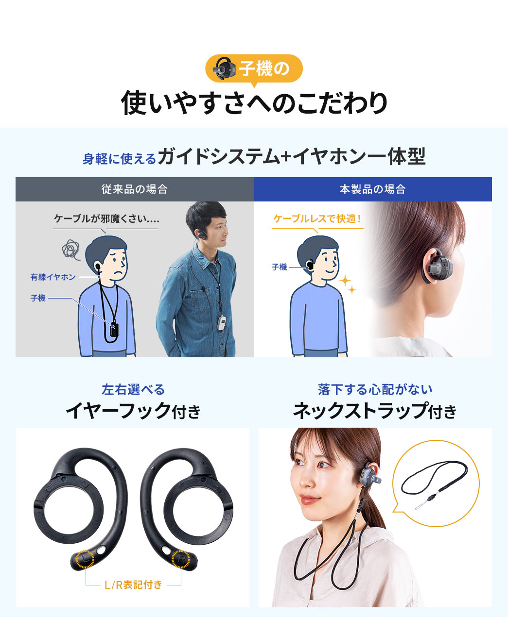 電池残量やチャンネルが確認できるディスプレイ、装着を忘れるほど軽いネックバンドマイク、声をピンポイントで拾えるフレキシブルアーム、抜けにくいL字型コネクタ、落下防止のネックストラップなど、親機の使いやすさにこだわった設計になっています。