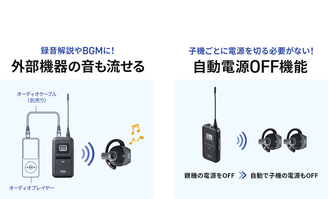 外部機器の音も流せるので録音解説やBGMも流せます！自動電源OFF機能搭載なので子機ごとに電源を切る必要がありません！