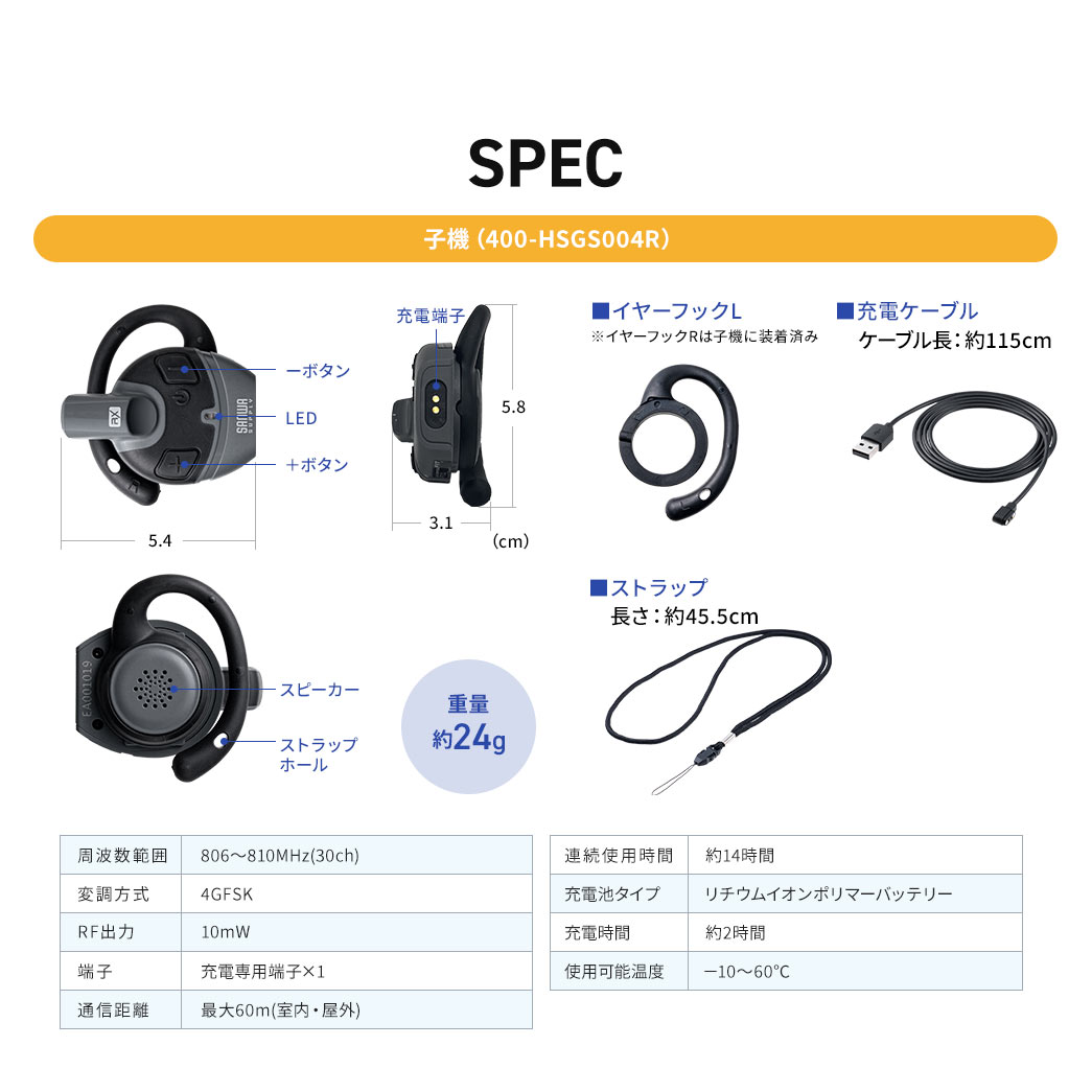 内側にはスピーカーとストラップホール、外側には音量調整ボタン、側面には充電端子を備えています。本体サイズは幅5.4cm×厚み3.1cm×高さ5.8cm、重量は約24gです。付属品はイヤーフックL、充電ケーブル、ストラップの3点です。周波数範囲は806～810MHz（30ch）、変調方式は4GFSK、RF出力は10mW。端子はAUX端子×1を搭載。通信距離は最大60m（室内・屋外）、連続使用時間は約14時間。充電池はリチウムイオンポリマーバッテリーで、充電時間は約2時間。使用可能温度は－10～60℃。