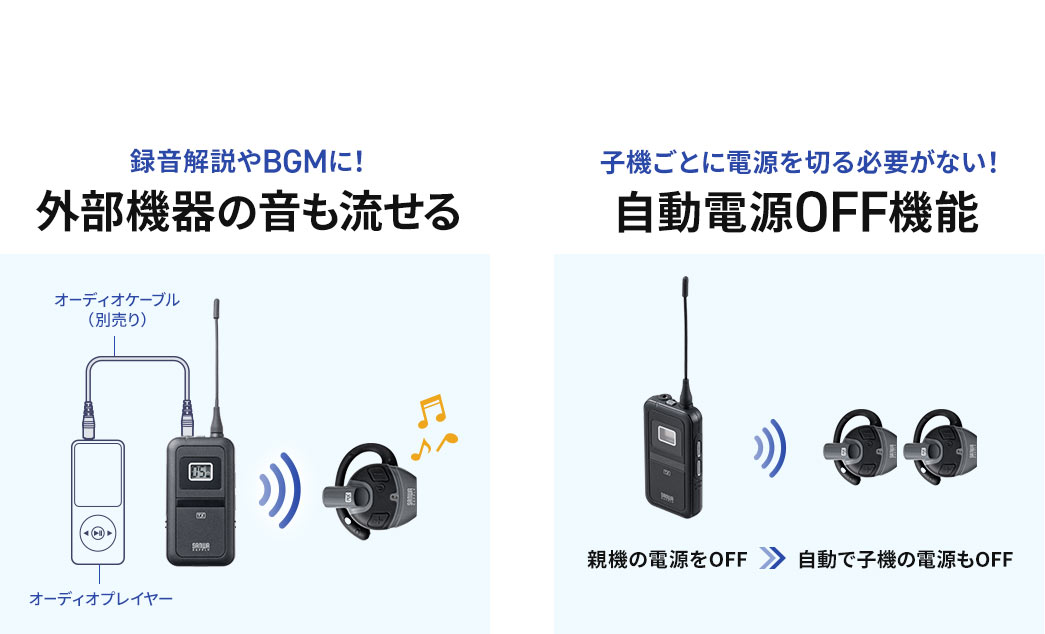 外部機器の音も流せるので録音解説やBGMも流せます！自動電源OFF機能搭載なので子機ごとに電源を切る必要がありません！