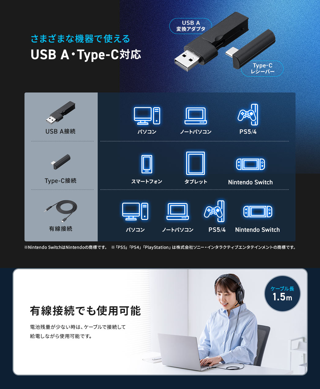 USB A・Type-C対応で、パソコンや、スマートフォン、PS5、4、Nintendo Switchなどさまざまな機器で使えます。※Nintendo SwitchはNintendoの商標です。「PS5」「PS4」「PlayStation」は株式会社ソニー・コンピュータエンタテインメントの商標です。また、有線接続でも使用可能なので、電池残量が少ない時は、ケーブルで接続して給電しながら使用可能です。