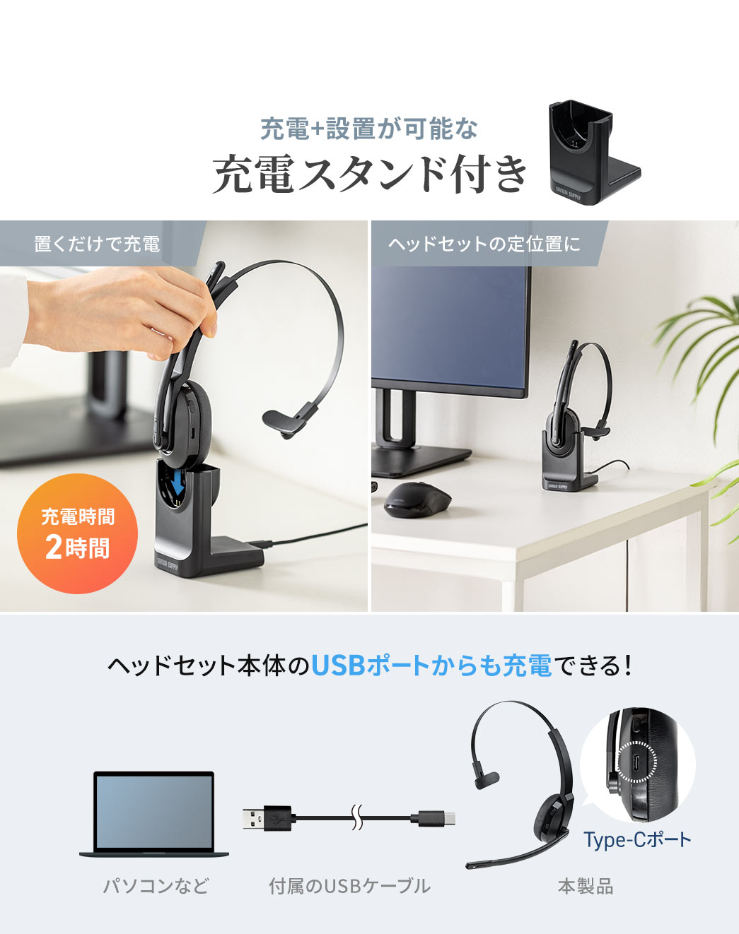 充電と設置が可能な充電スタンドが付属し、置くだけで充電できてヘッドセットの定位置にできるほか、ヘッドセット本体のUSBポートからも充電できます。