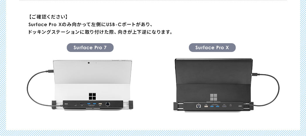 ご確認ください Surface Pro Xのみ向かって左側にUSB-Cポートがあり、ドッキングステーションに取り付けた際、向きが上下逆になります。