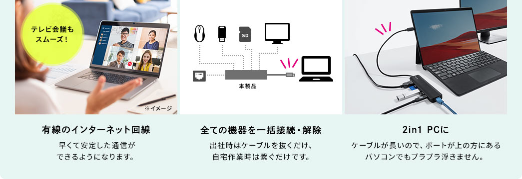 有線のインターネット回線 全ての機器を一括接続・解除 2in1 PCに