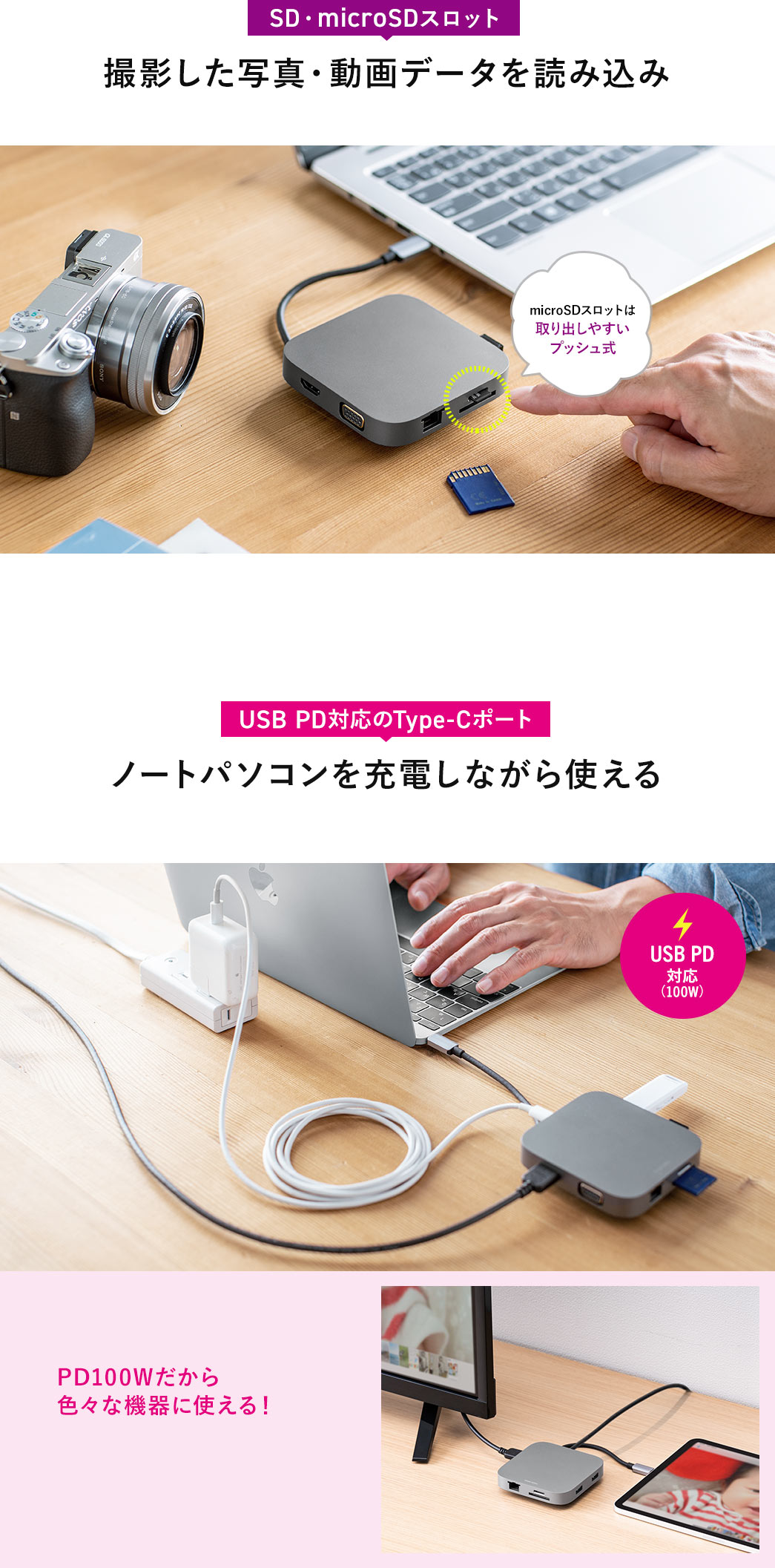 SD・microスロット 撮影した写真・動画データを読み込み USB PD対応のType-Cポート ノートパソコンを充電しながら使える