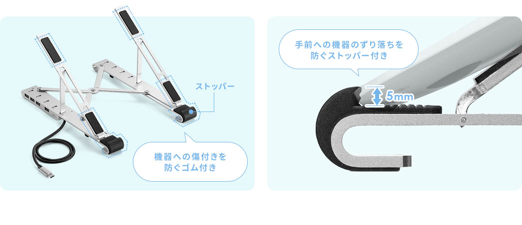 機器への傷つきを防ぐゴム付き・手前への機器のずり落ちを防ぐストッパー付き