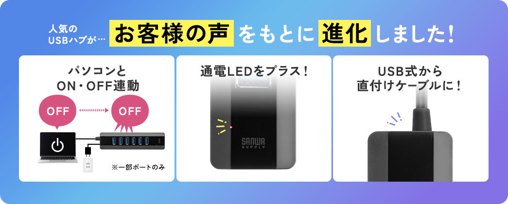 人気のUSBハブがお客様の声をもとに、自動オフ機能を追加、通電を確認できるLEDをプラス、直付けケーブルで抜けにくくなるなど進化しました！
