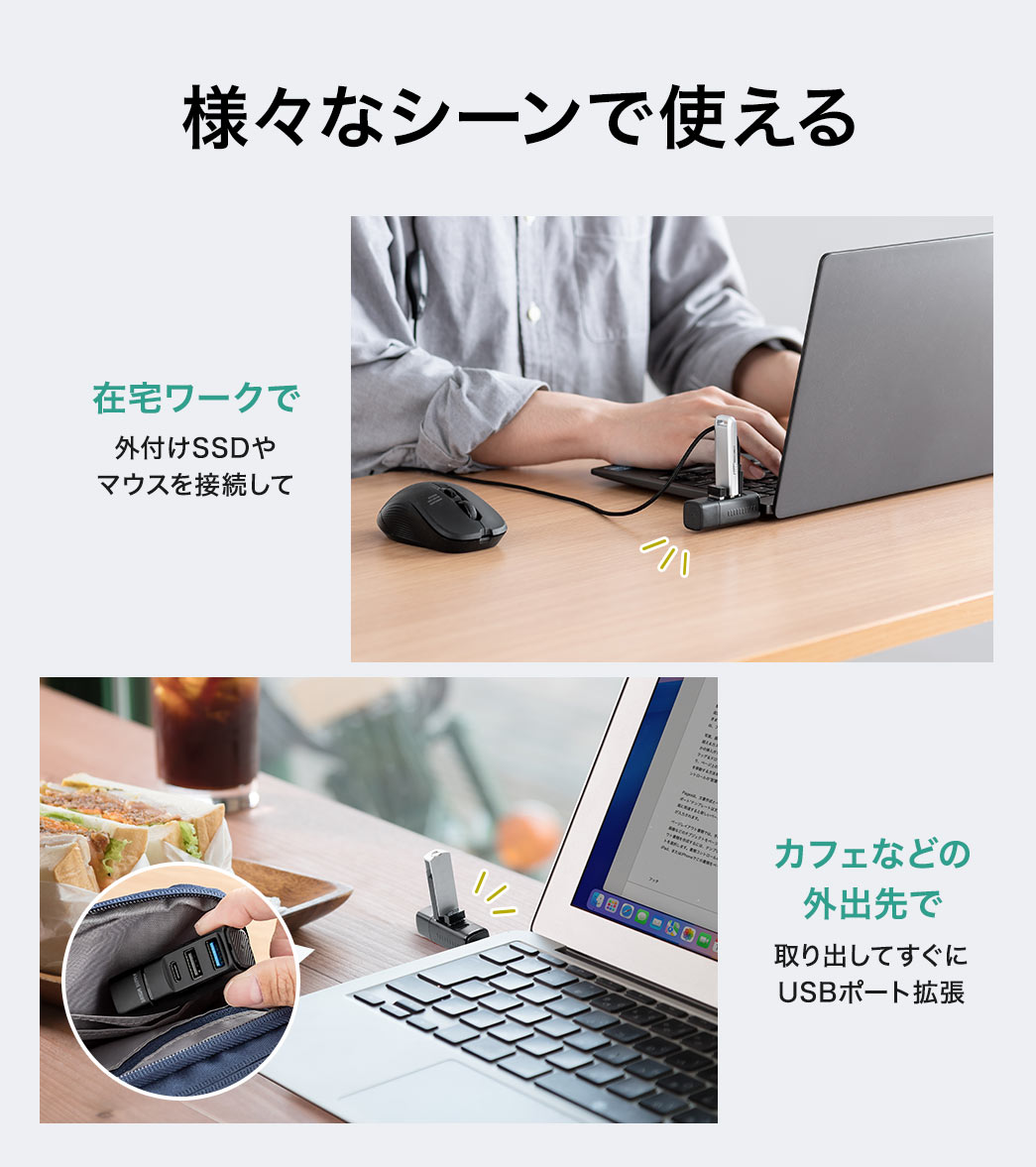 在宅ワーク、カフェなどの外出先、タブレットやスマホなど様々なシーンで使えます。