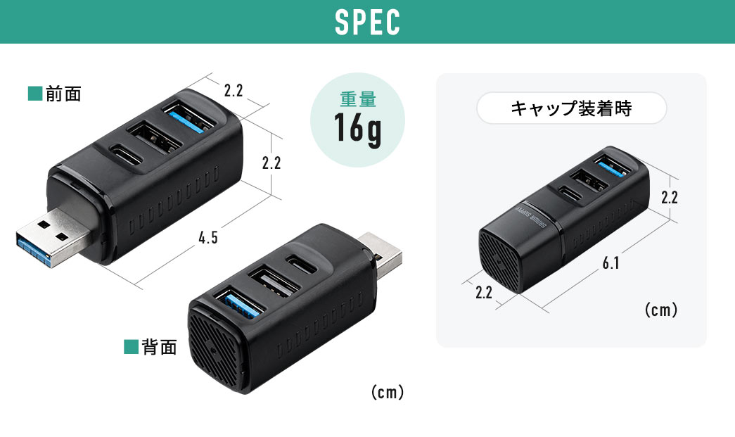 SPEC：キャップ装着時のサイズは幅6.1cm×奥行き2.2cm×高さ2.2cm。重量16g。