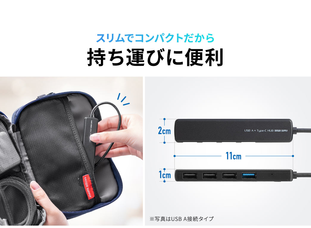 スリムでコンパクトだから持ち運びに便利※写真はUSB A接続タイプ