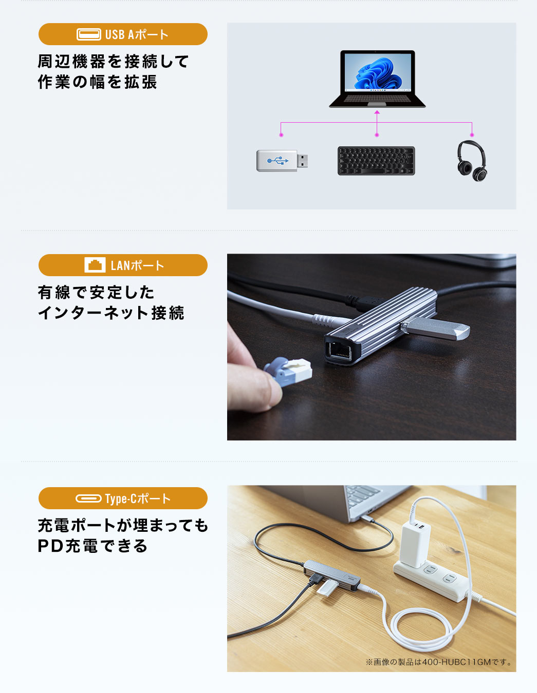 周辺機器を接続して作業の幅を拡張 有線で安定したインターネット接続 充電ボートか埋まっても PD充電できる