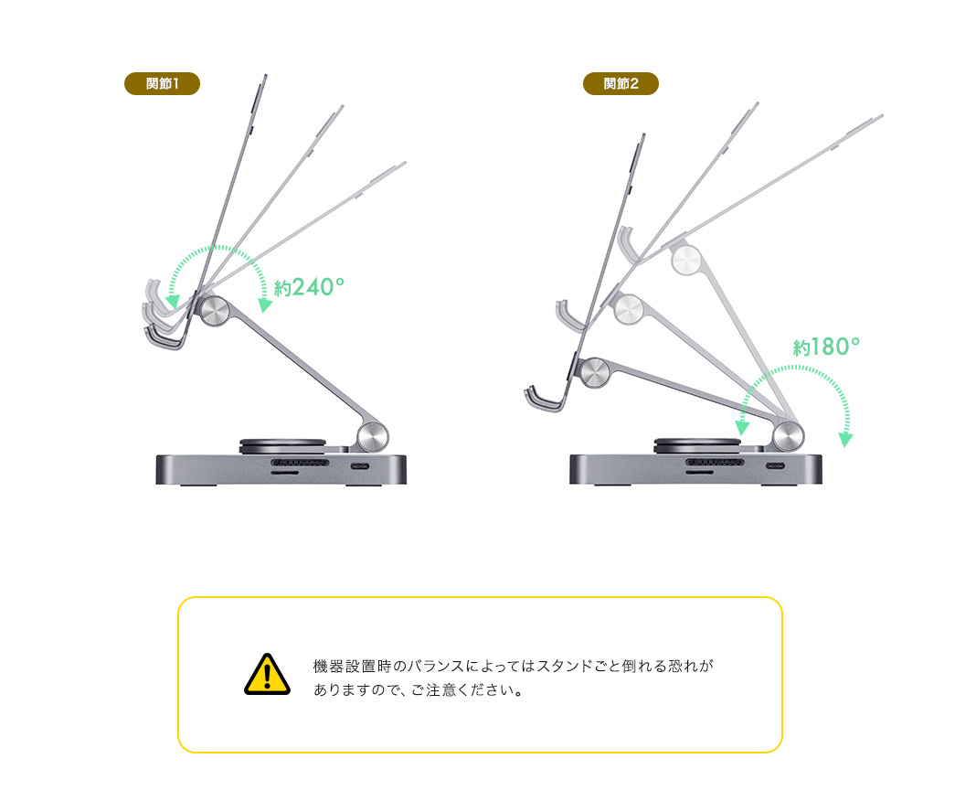 ケースのまま設置可能 重めの機器にも耐える固めのヒンジ 傷付きを防ぐゴム付き 安定して設置できる滑り止め付き モニターをしっかり支える大きい背板 熱を逃がすスリット構造