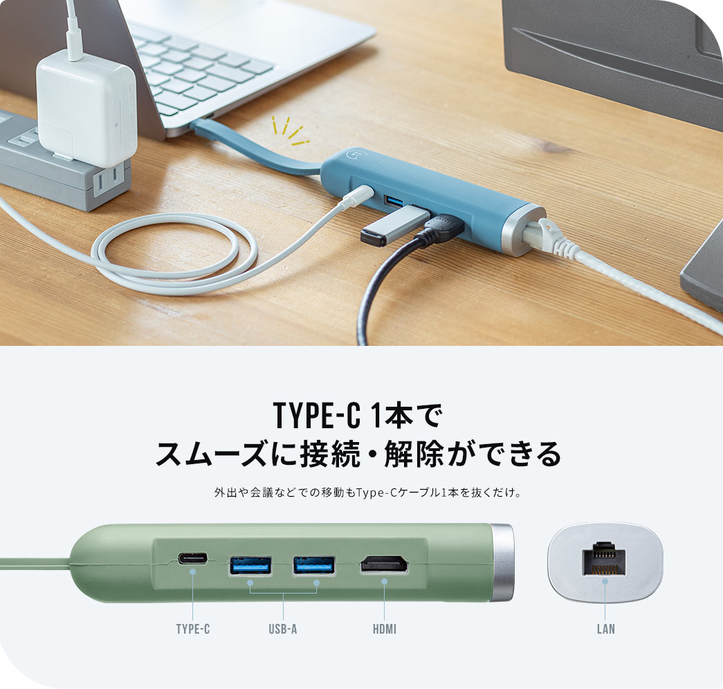 TYPE-C 1本でスムーズに接続・解除ができる