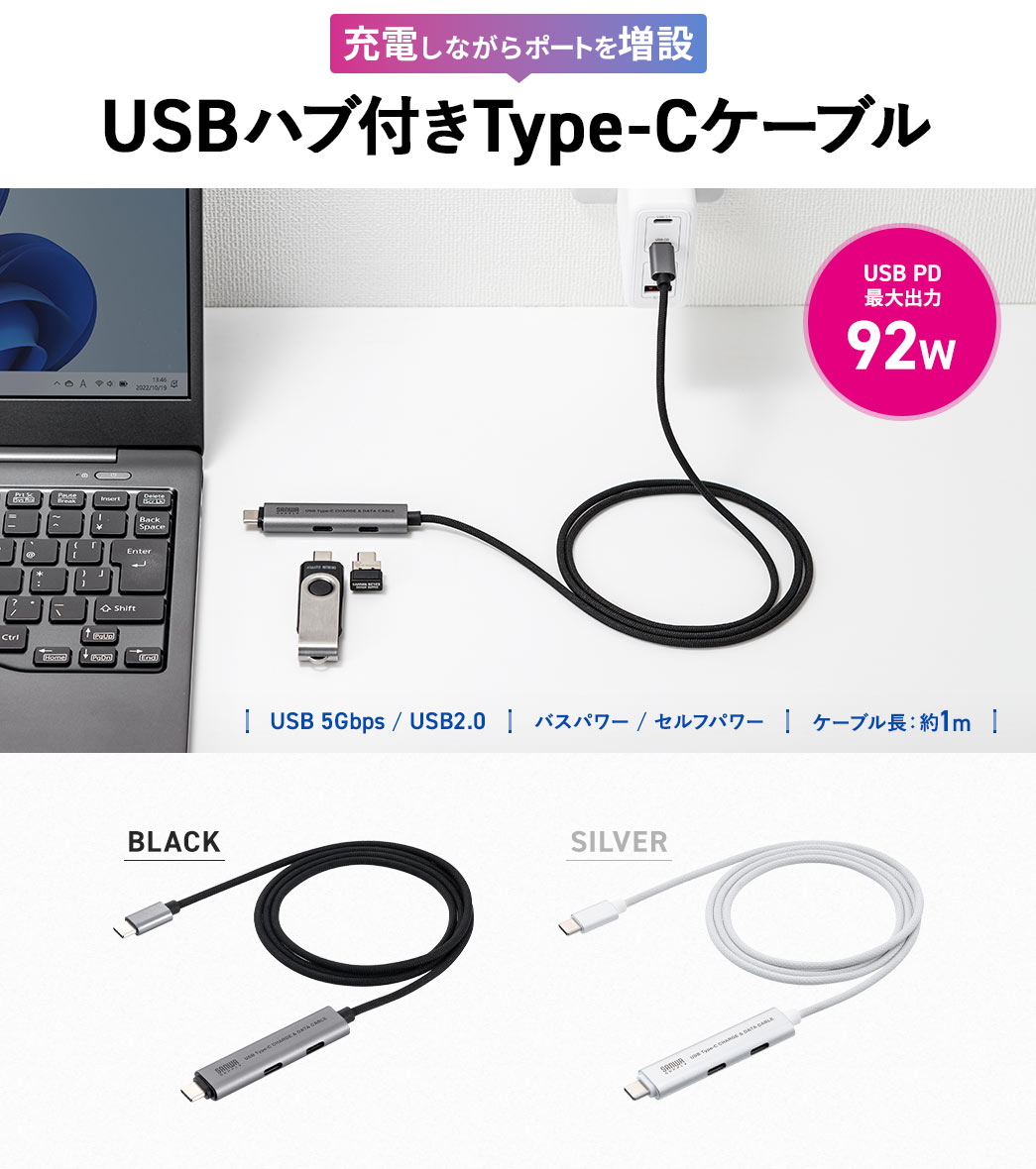 充電しながらポートを増設 ケーブルみたいなType-Cハブ