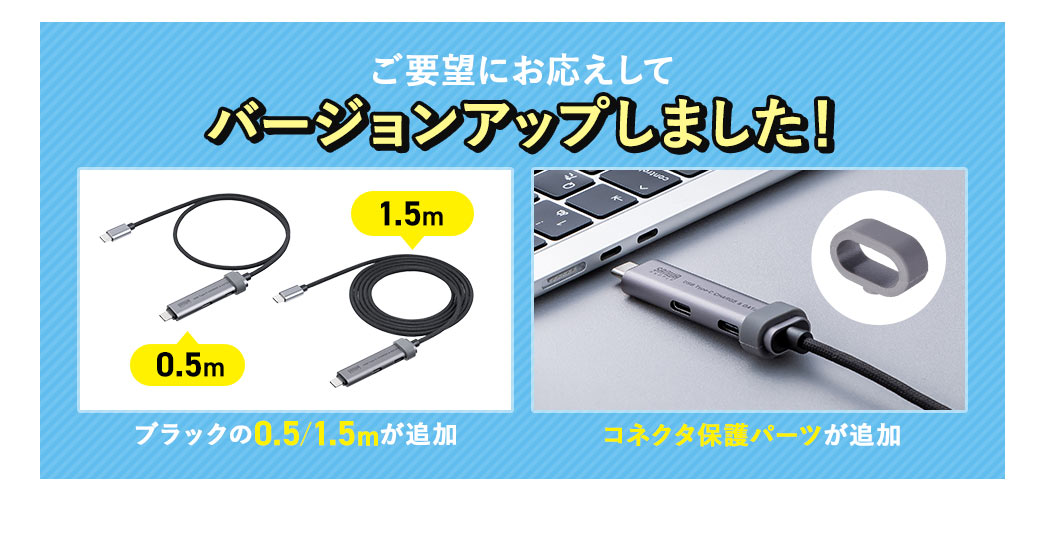 ご要望にお応えしてブラックの0.5mと1.5mを追加、コネクタ保護パーツの追加などバージョンアップしました。