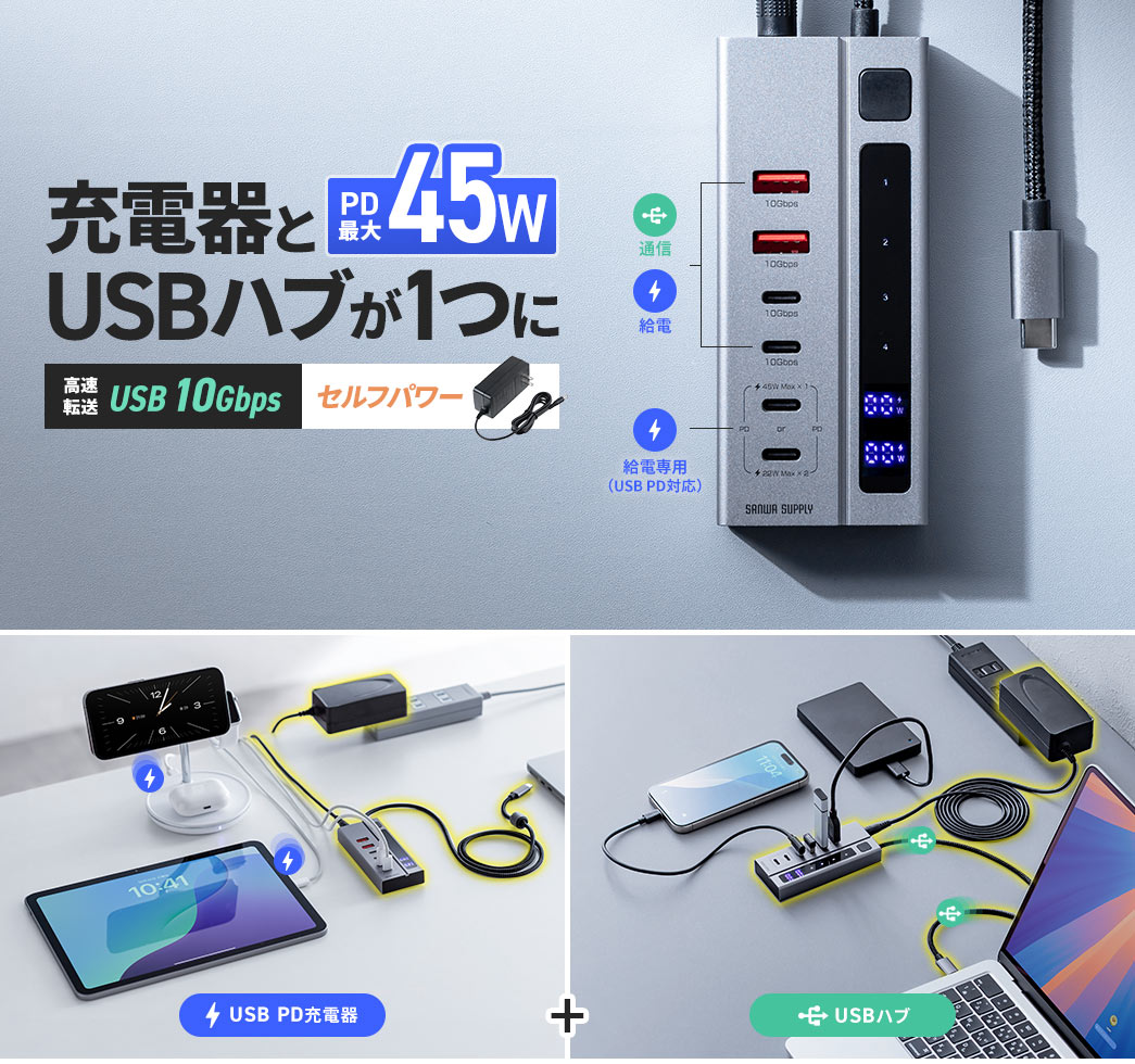 充電器と PD最大45W USBハブが1つに