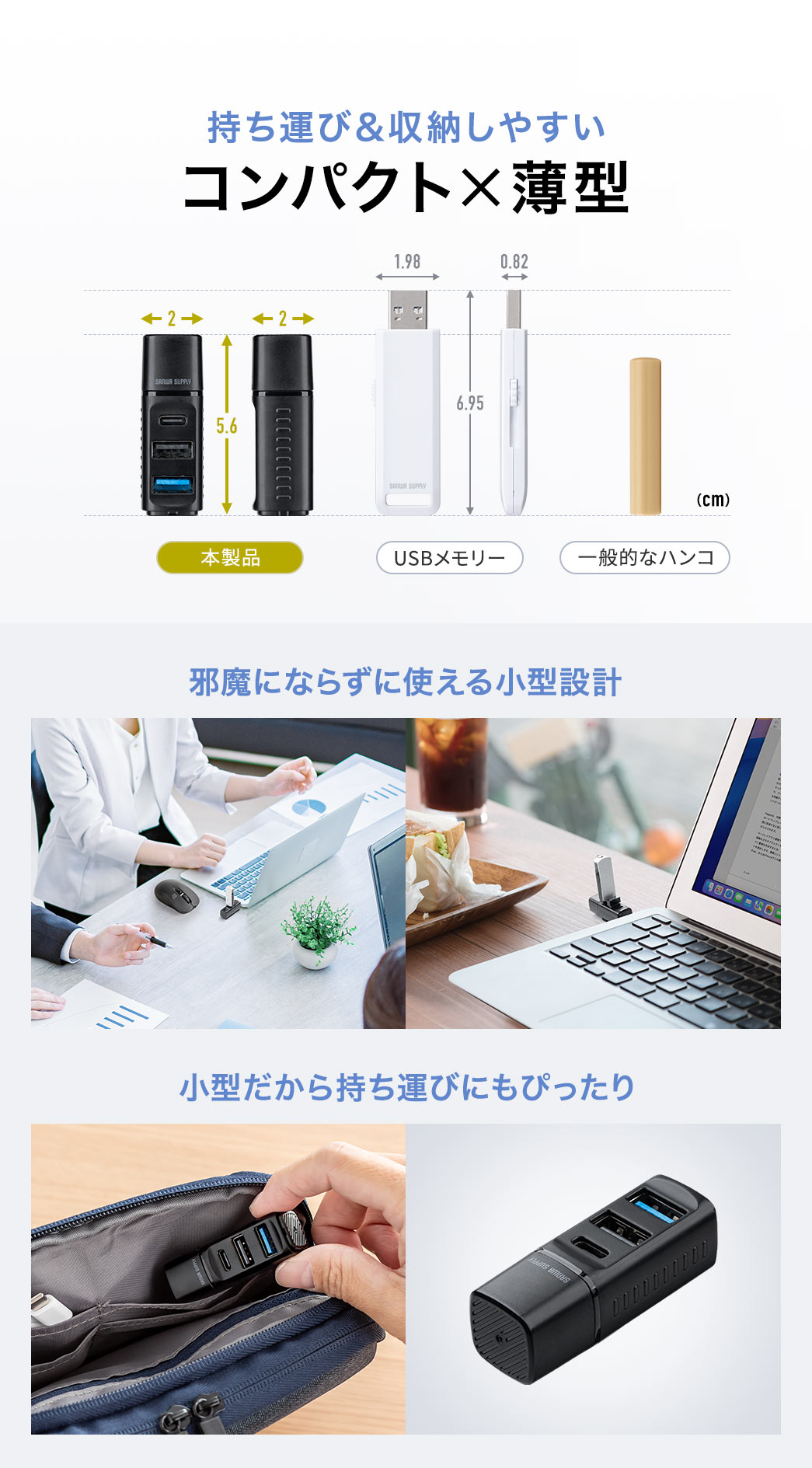 コンパクトで薄型だから、持ち運び＆収納しやすい。邪魔にならずに使える小型設計で持ち運びにもぴったりです。