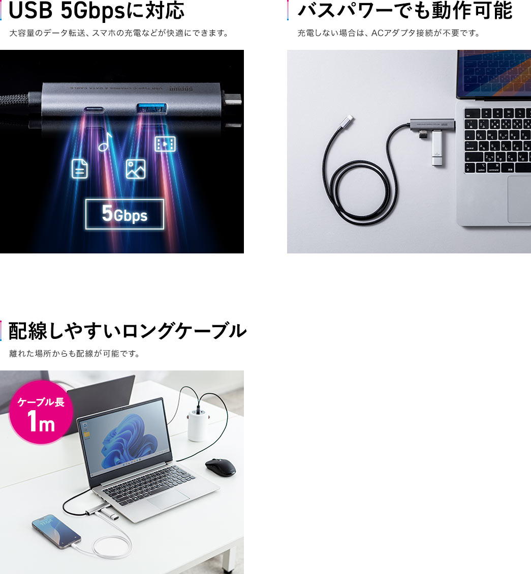 USB 5Gbpsに対応しており、大容量のデータ転送、スマホの充電などが快適にできます。バスパワーでも動作可能なので、充電しない場合は、ACアダプタ接続が不要です。配線しやすいロングケーブルで、離れた場所からも配線が可能です。