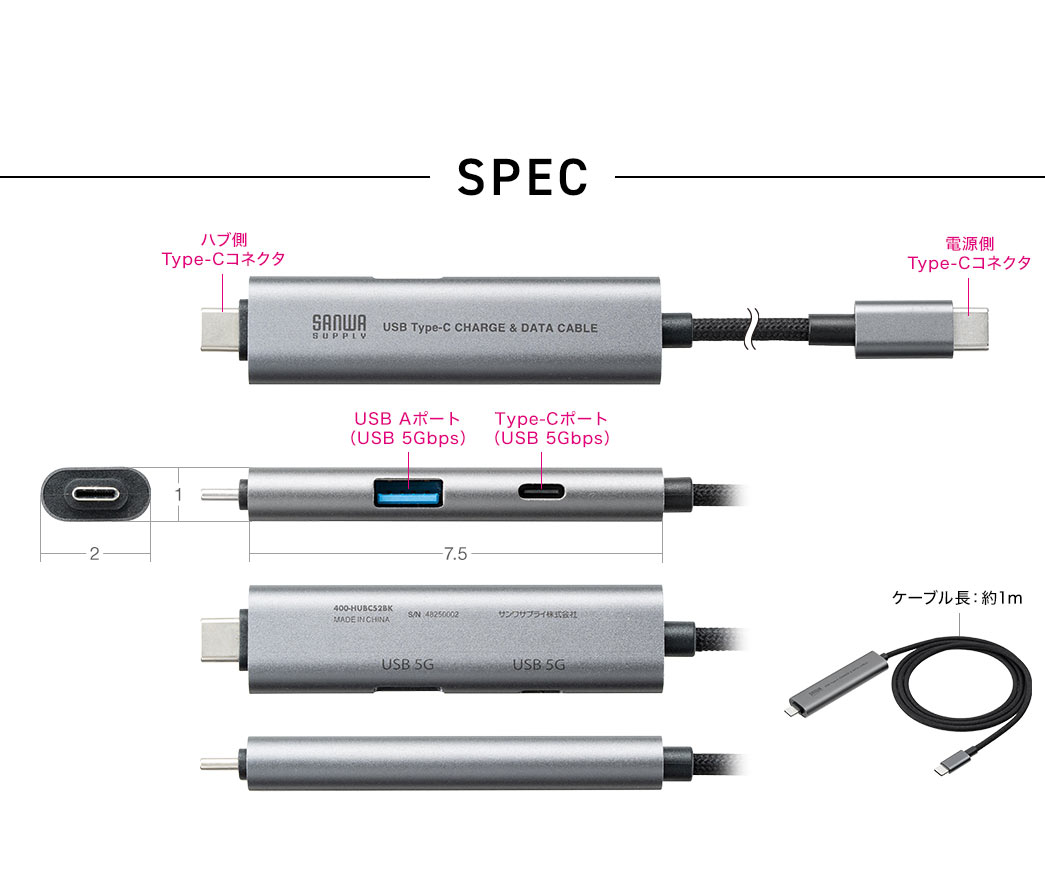 SPEC、Type-C×1、USB A×1。ケーブル長約1m。