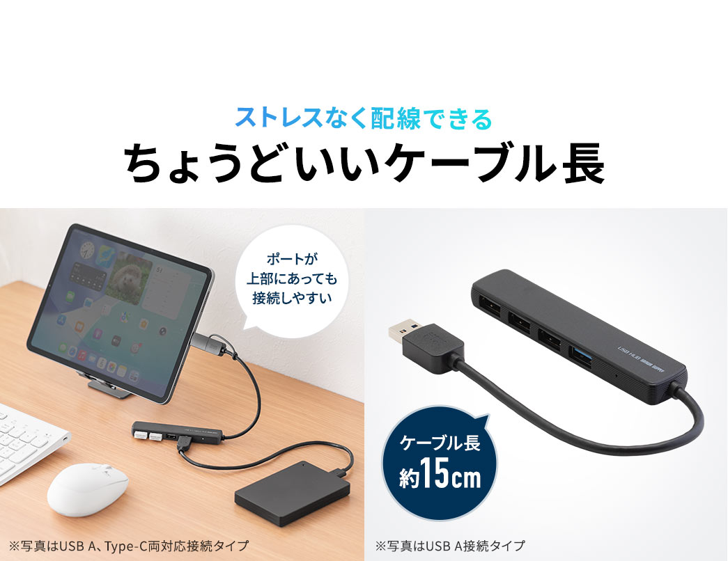ストレスなく配線できる約15cmのちょうどいいケーブル長で、ポートが上部にあっても接続しやすい仕様です。