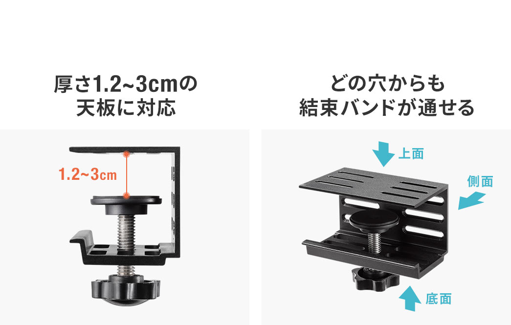 厚さ1.2~3cmの天板に対応、どの穴からも結束バンドが通せます。