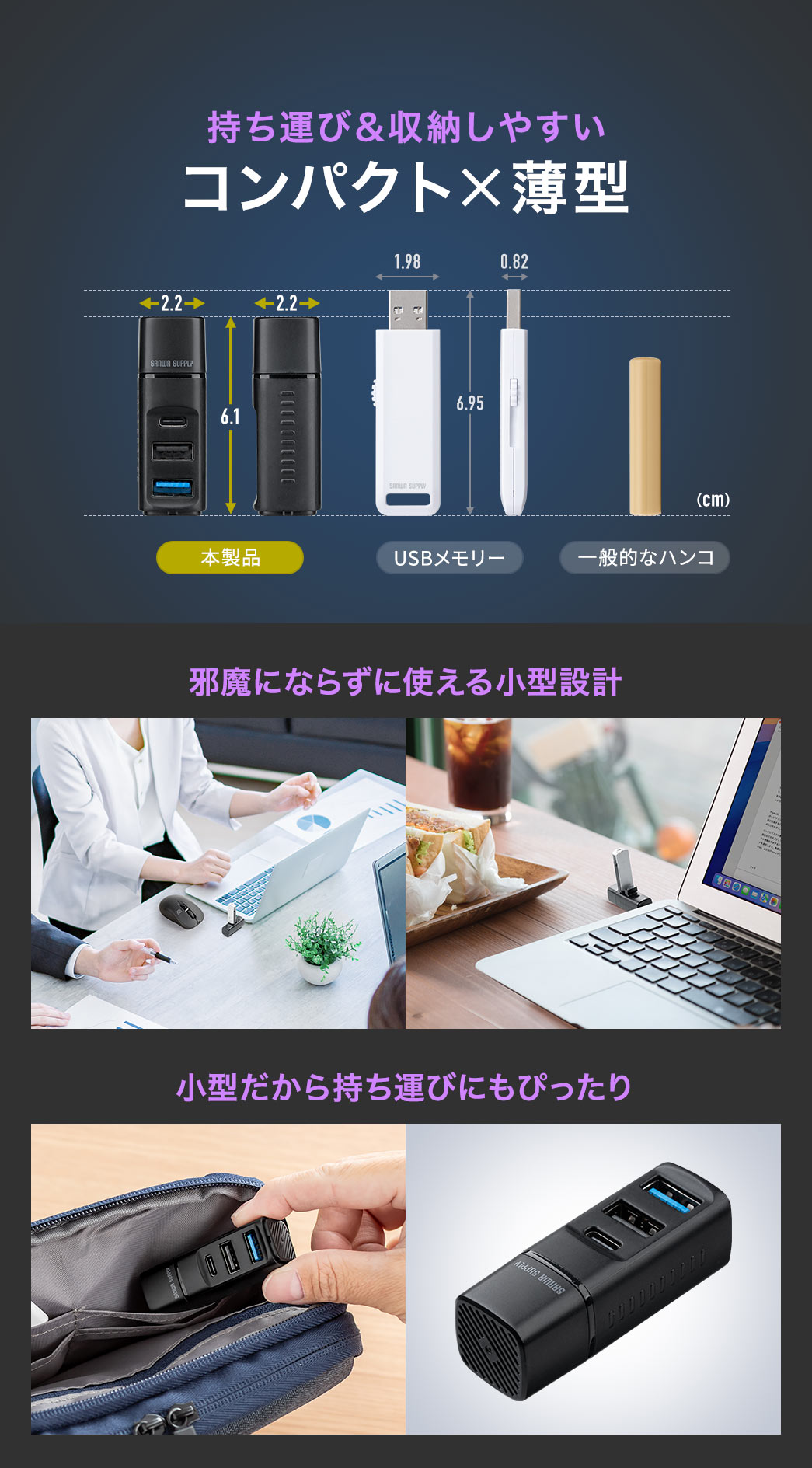 コンパクトで薄型だから、持ち運び＆収納しやすい。邪魔にならずに使える小型設計で持ち運びにもぴったりです。