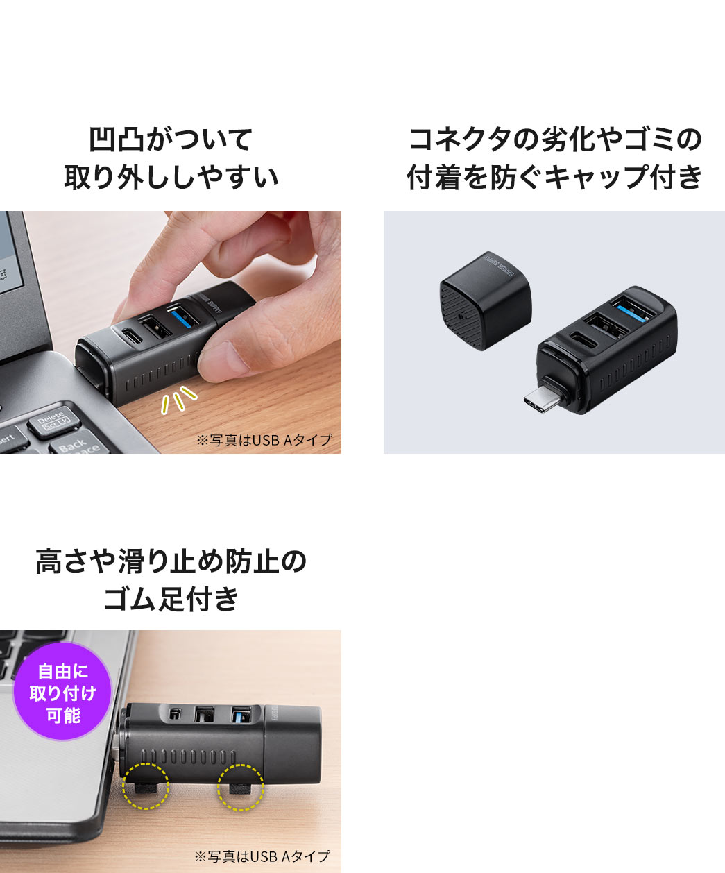 側面には凹凸があるから取り外ししやすく、底面には高さや滑り止めのゴム足付きです。また、コネクタの劣化やゴミの付着を防ぐキャップも付いています。