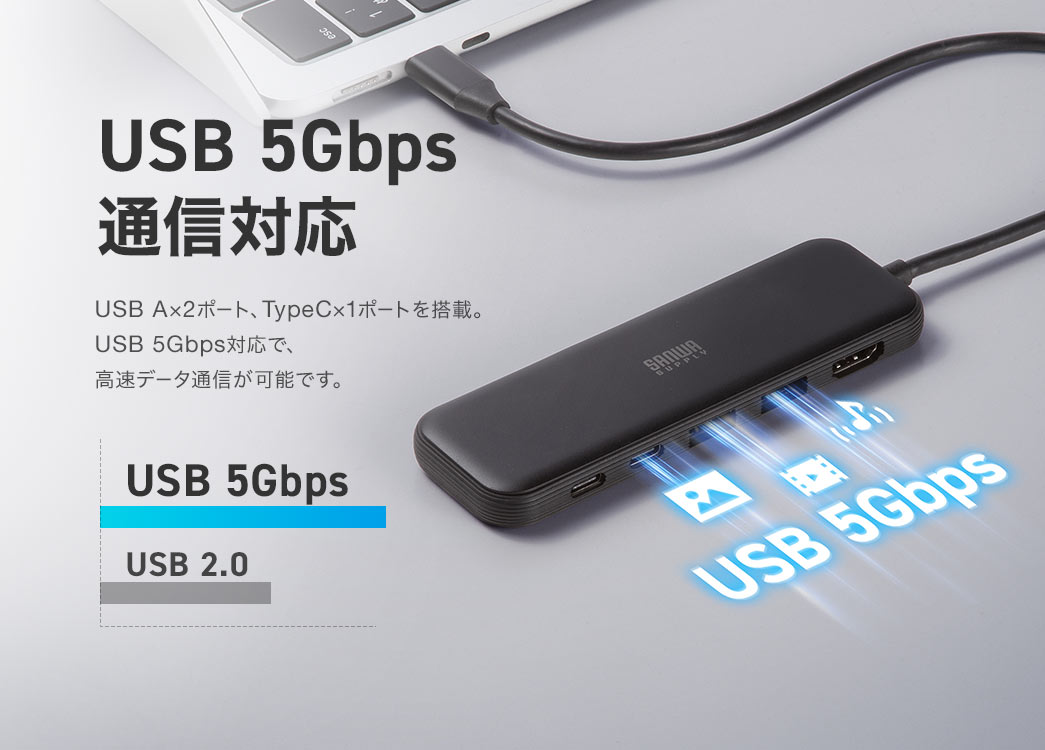 USB A×2ポート、TypeC×1ポートを搭載。USB 5Gbps対応で、高速データ通信が可能です。