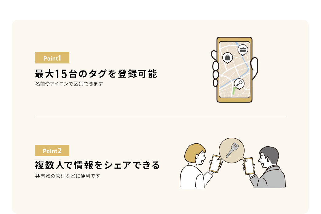 最大15台のタグを登録可能 複数人で情報をシェアできる