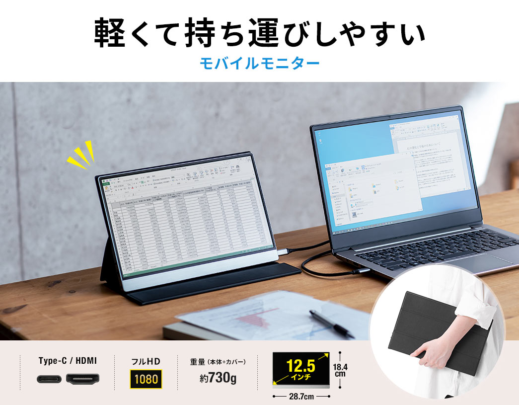 軽くて持ち運びしやすいモバイルモニター