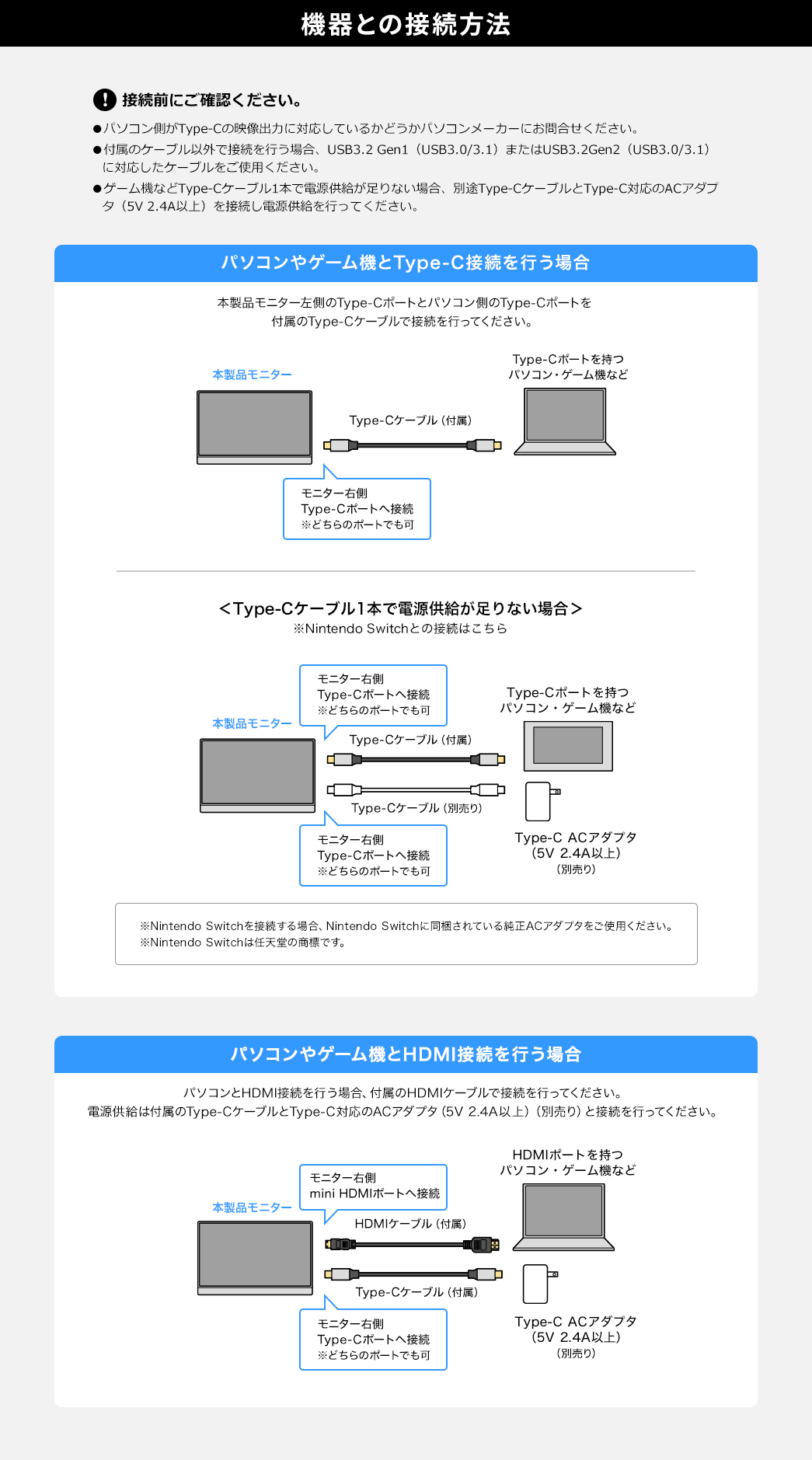 機器との接続方法 パソコンやゲーム機とType-C接続を行う場合 パソコンやゲーム機とHDMI接続を行う場合