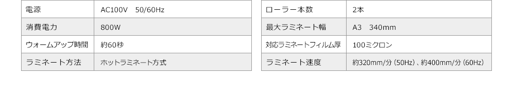 電源AC100V　50/60Hz　消費電力800W　ウォームアップ時間約60秒　ラミネート方法ホットラミネート方式　ローラー本数2本　最大ラミネート幅A3　340mm　対応ラミネートフィルム厚100ミクロン　ラミネート速度約320mm/分（50Hz）、約400mm/分（60Hz）